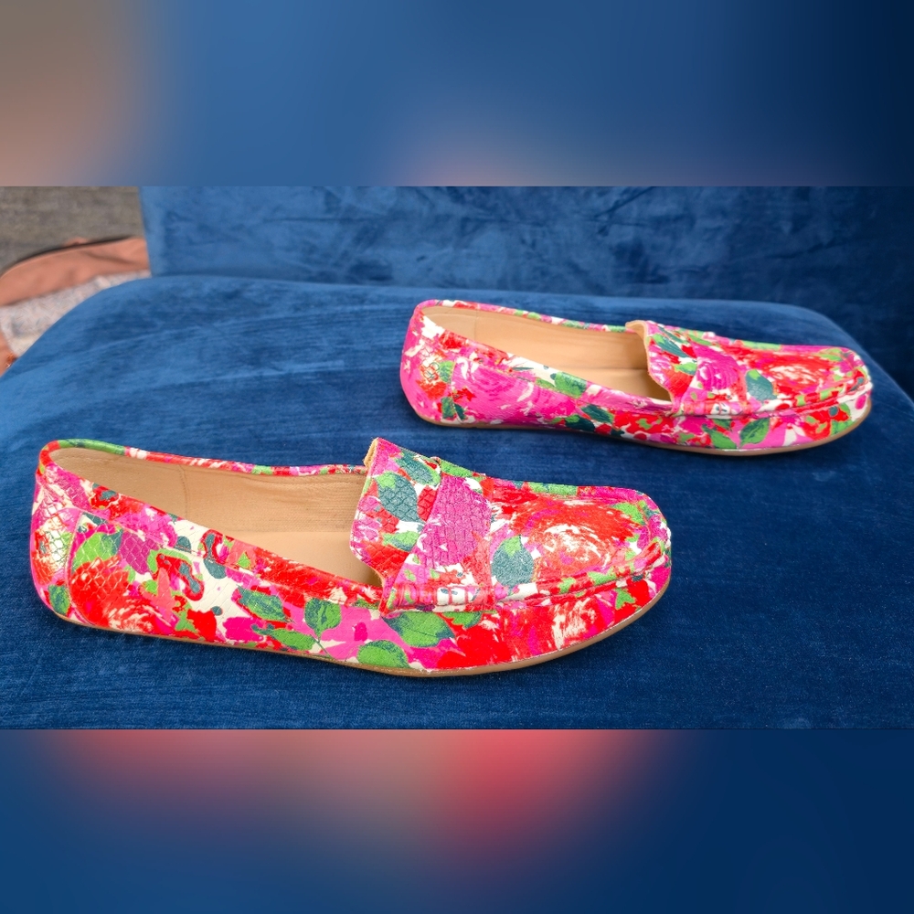 ISAAC MIZRAHI "APRIL" Driving Moccasins LEATHER FLORAL FLATS Sz 9M PREPPY CHIC